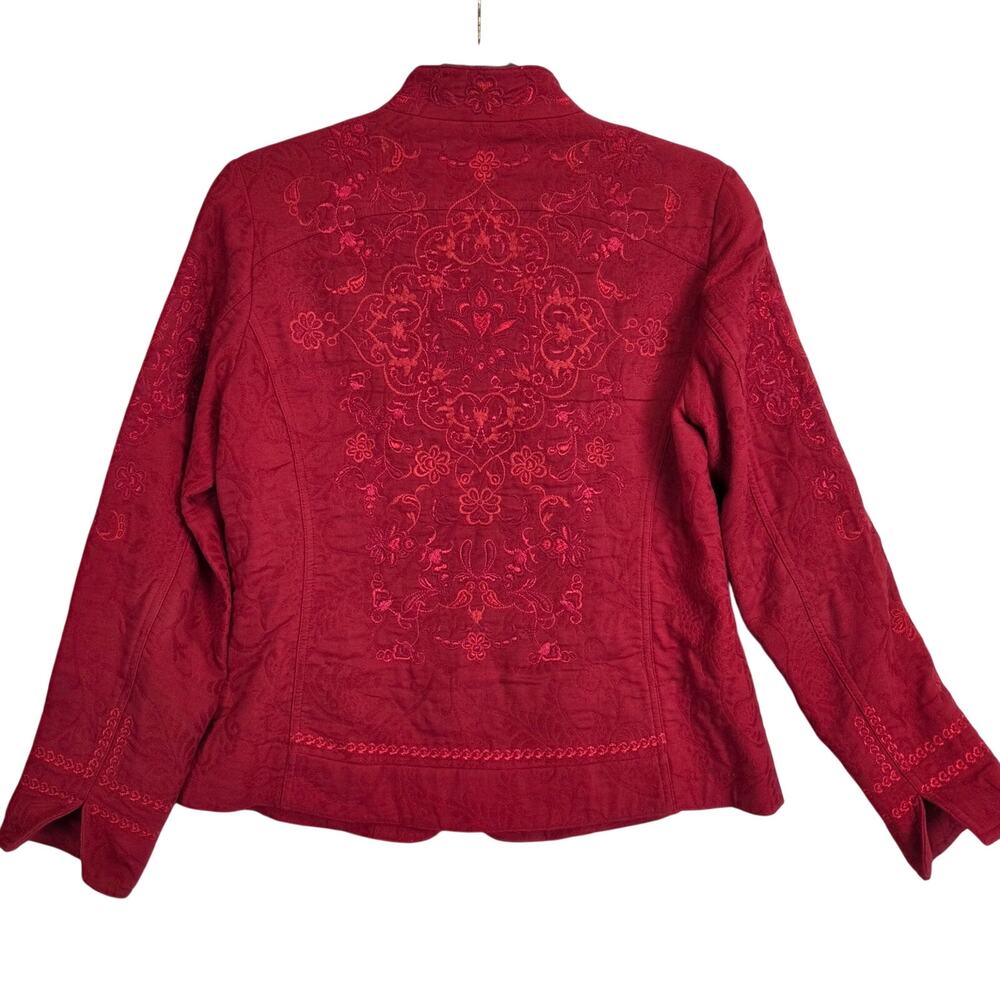 Coldwater Creek Red Floral Embroider Blazer 10 Casual Chic Asian Inspired Jacket - Picture 3 of 15